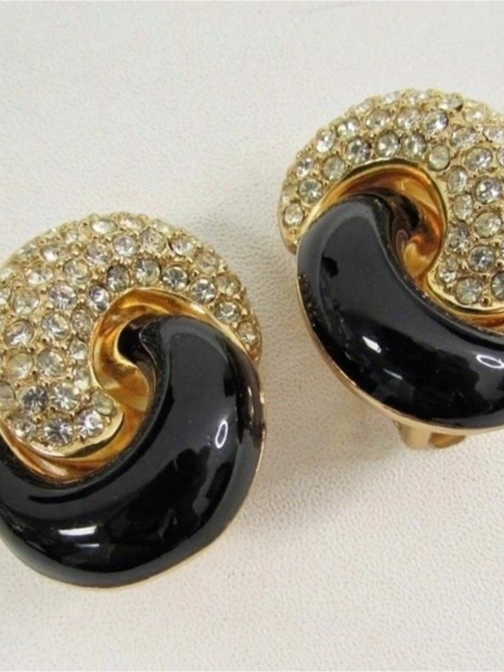 Vintage Christian Dior Black Enamel Rhinestone Clip-On Earrings